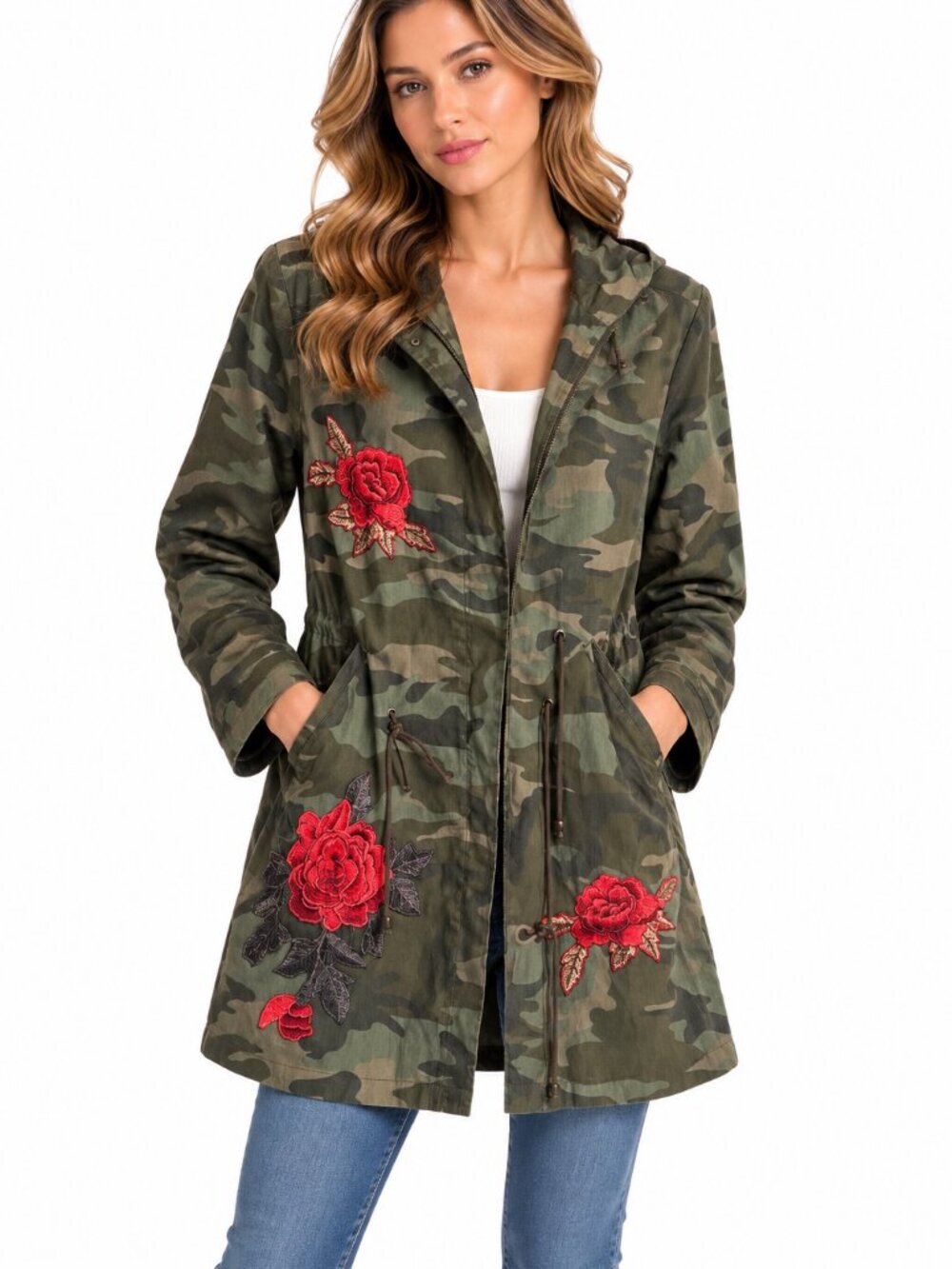 Kzell Camo Embroidered Rose Utility Jacket